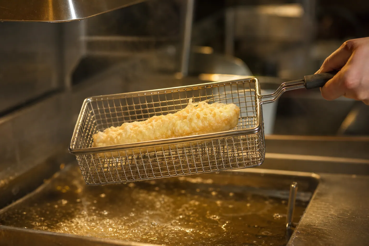 A piece of fish in pale crisp batter lifted in a wire basket above the fryer.