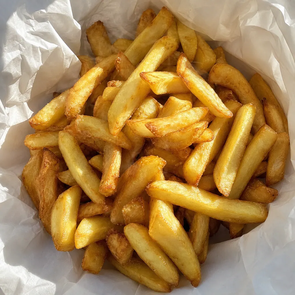 A generous heap of thick-cut chips in open paper, steam rising off the top.