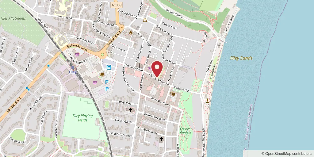 A street map of Filey with a marker on Pier View Fish Bar at 9 Murray Street, Filey, YO14 9BT